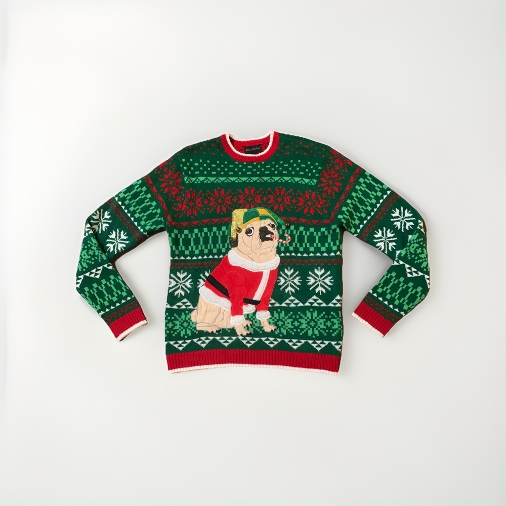 Santa Pug Dog Elf Hat With Bell Ugly Christmas Sweater Unisex Large Crew Neck